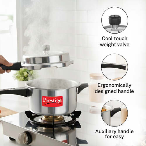 Prestige 4 Litre Aluminium Popular Svachh Outer Lid Pressure Cooker | Deep Lid for Spillage Control | Anti-Bulge Base | Gasket Release System | 5Y Warranty | ISI Certified