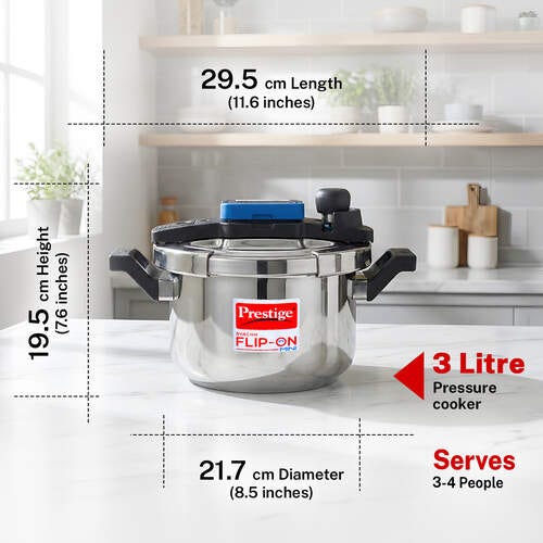 Prestige Svachh Flip-on Mini Stainless Steel Gas and Induction Compatible Pressure Cooker with Glass Lid, 3 Litre (Silver)