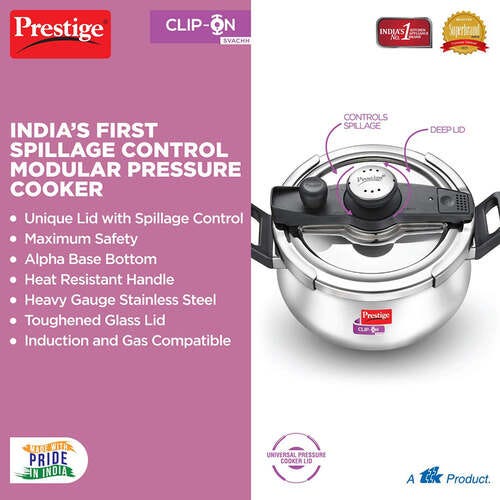 Prestige Clip-on Svachh Stainless Steel Spillage Control Handi Pressure Cooker, 5 L (Silver)