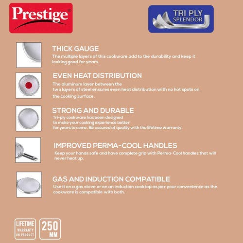 Prestige 25cm Tri-Ply Stainless Steel Splendor Omni Tawa|Gas & Induction Compatible| Even Heat Distribution|Strong and Durable| Perma-Cool Handles| Lifetime Warranty