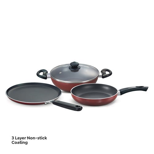 Prestige Omega Deluxe Induction Compatible Non-stick Kitchen Set (Omni Tawa 25 cm, Fry Pan 24 cm, Kadai with Glass Lid 24 cm Dia) (Maroon)