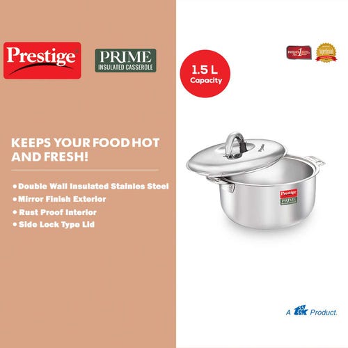 Prestige Prime Stainless Steel Insulated Casserole, 1.5 Litre, 19.6 cm - Silver