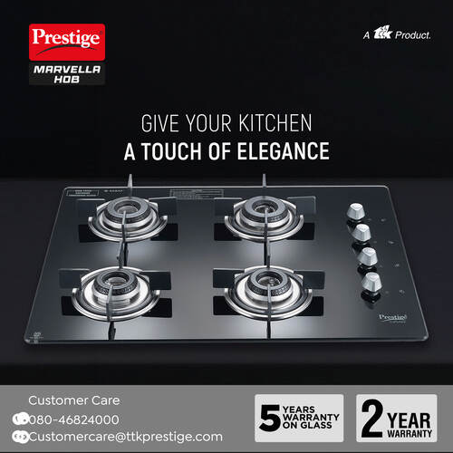 Prestige Marvella 4 Burner Hob | Auto Ignition | Toughened Glass Top | SABAF Burners | Sturdy Pan Support | Ultra Slim Body | Ergonomic Knob | Black | 5Y Glass Warranty