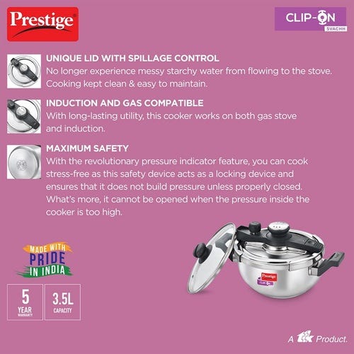 Prestige Clip-on Svachh Stainless Steel Spillage Control Pressure Cooker, (Silver)
