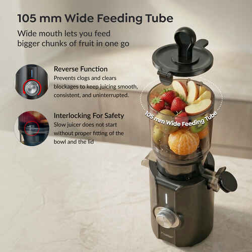 Prestige Natura 200W Cold Press Slow Juicer | 105mm Wide Chute | Interlocking Safety  | Reverse Function | Juice and Pulp Collectors | Quiet Operation | Easy to Clean | Black | 2 Year Warranty