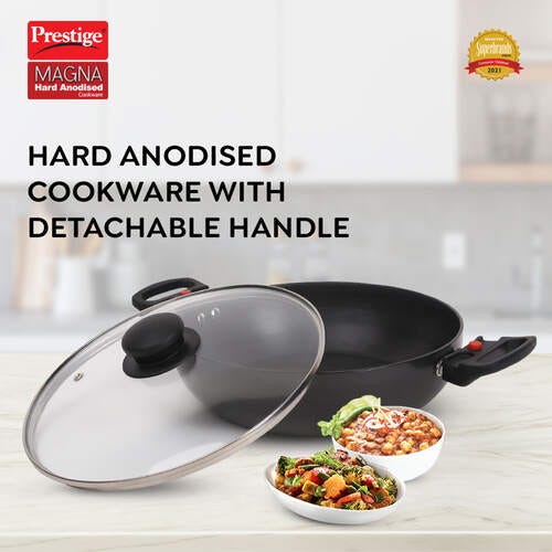 Prestige Magna Hard Anodised Cookware with Detachable Handle Kadai with Glass Lid, 26cm (3.25L) (Black)