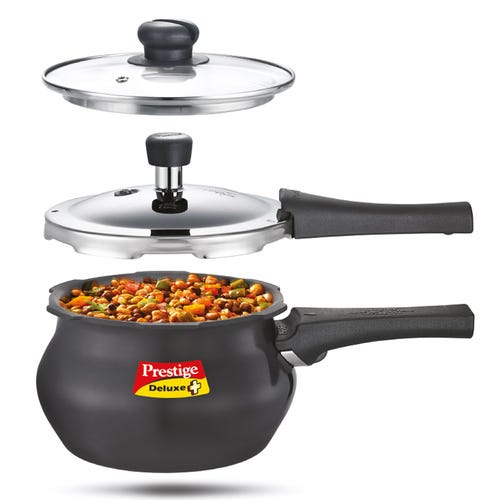 Prestige Deluxe Duo Plus Hard Anodised Pressure Cooker with 1 Glass Lid and 1 Stainless Steel Lid, 3 L (Black)