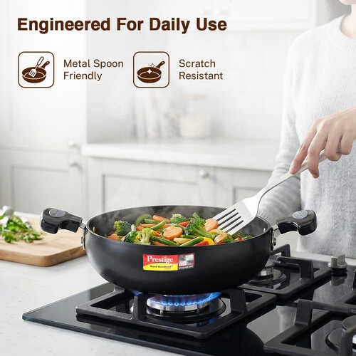 Prestige Hard Anodised Plus Gas and Induction Compatible Kadai with Glass Lid, 30 cm, Black