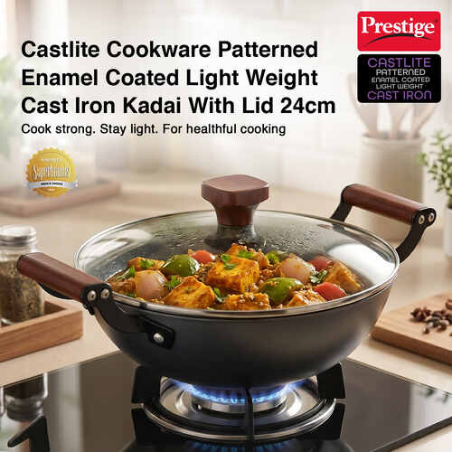 Prestige Castlite Patterned Enamel Coated Cast Iron Kadai 24cm/2.4L with Glass Lid | High Heat Retention, Rust-Proof | Gas & Induction Compatible | Low-Oil Cooking | Stay-Cool Handles | 15Y Warranty