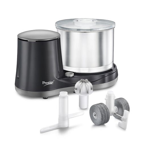 Prestige Ultima Pro 2 Litre Table Top Wet Grinder |200 Watts Heavy Duty Motor|Coconut Scraper Attachment|Atta Kneader Attachment|Stainless Steel Drum|2 Years Warranty|Silver & Black