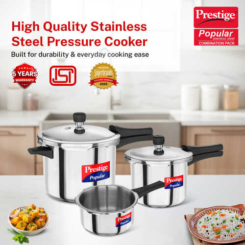 Prestige Stainless Steel Pressure Cooker Combo offer (2+3+5 Litres) with Outer Lid | Metallic Safety Plug