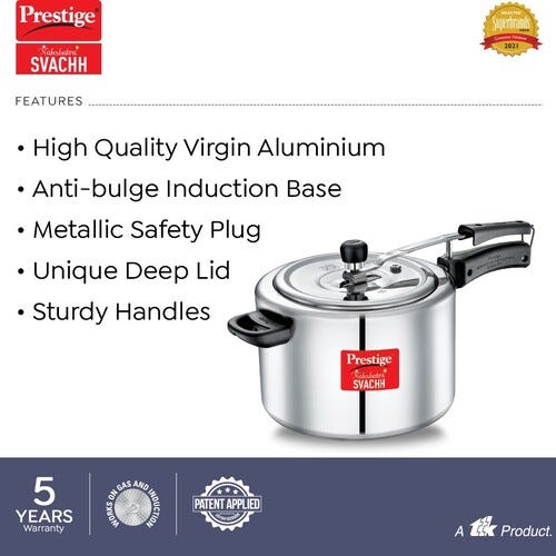 Prestige Svachh Nakshatra Plus 5 L, 3 L Inner Lid Induction Bottom Pressure Cooker (Aluminium)
