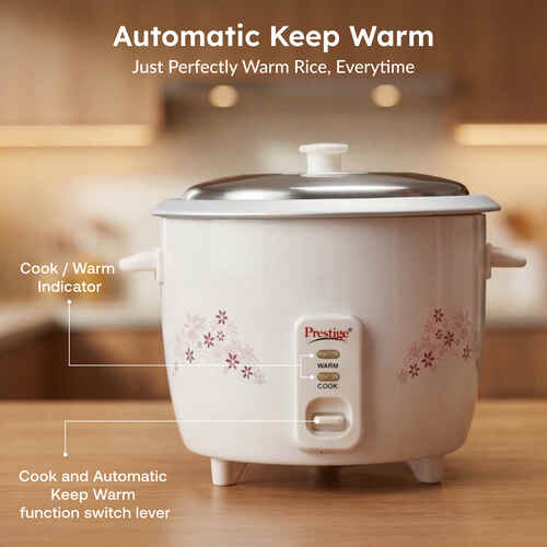 Prestige Delight PRWO-1.5-2 Double Pot Electric Rice Cooker(1.5L for Rice-Open Type, White, with Aluminium Cooking Pan-2 units 3.5 L pan Volume, 500 W)