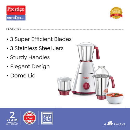 PRESTIGE NAKSHATRA PLUS 750 WATTS MIXER GRINDER, WITH ACCESSORIES - STAINLESS STEEL JARS 3 UNIT