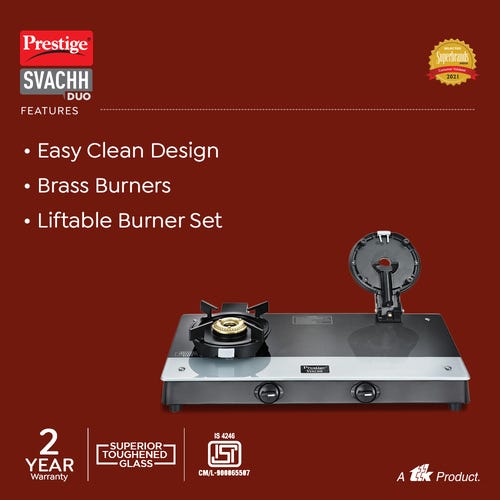 Prestige Svachh Duo Toughened Glasstop Gas Stove with Liftable Burners (Black)