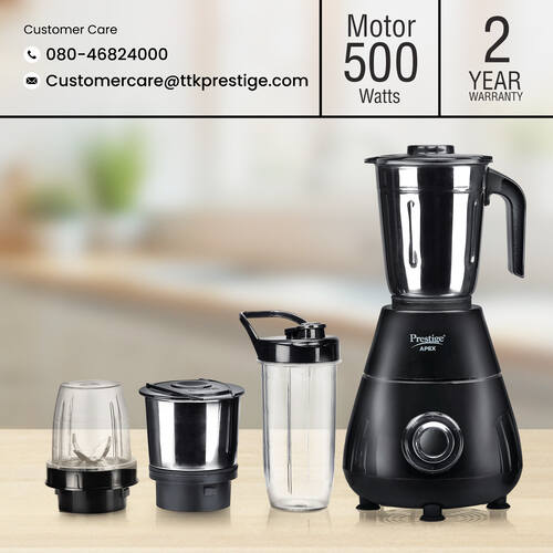 Prestige Apex Blendo 500 Watt Mixer Grinder with 4 Jars (2 Stainless Steel Jars + 2 Nutri Blend) | Super Efficient SS Blades | Black | 2Y Warranty | ISI Certified