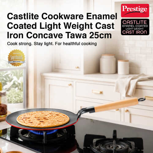 Prestige Castlite Enamel Coated Lightweight Cast Iron Concave Tawa 25cm | High Heat Retention, Rust-Proof | Gas & Induction Compatible | Low-Oil Cooking | Stay-Cool Handle | Easy Clean | 15Y Warranty