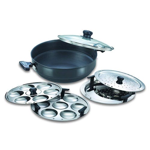 Prestige Hard Anodised Induction Base Multi-Kadai with Glass Lid (Dhokla Plate, Patra Plate, Idli Plates), (Black)