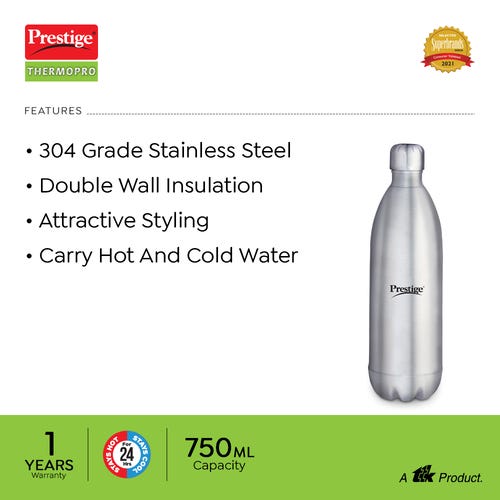 Prestige Thermopro PWSL 3 Stainless Steel Vacuum Water Bottle, 750 ml (Silver)