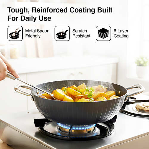 Prestige Durastone Hard Anodised 6 Layer Non-Stick Kadai with Glass Lid, (24 cm, 2.5 Litre) (Black)