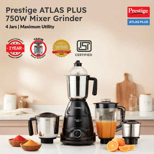 Prestige Atlas Plus Mixer Grinder, With Accessories - Stainless Steel Jars 3 Unit And Juicer Jar 1 Unit