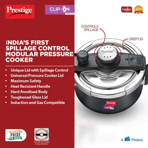 Prestige Clip-on Mini Svachh Hard Anodised Spillage Control Pressure Cooker with Glass Lid (Black)