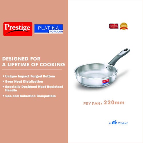 Prestige Platina Popular Stainless Steel Fry Pan, 22 cm (1 L) Silver