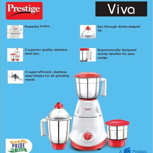 Prestige Viva Mixer Grinder, 550W, 3 Jars (Red)