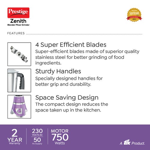 Prestige 750 Watts Zenith Blender Mixer Grinder with 3 Jars (2 Stainless Steel Jars + 1 Jucier Jar)| Flow Breaker Design| Juicer Extractor Jar| Compact Design| Purple