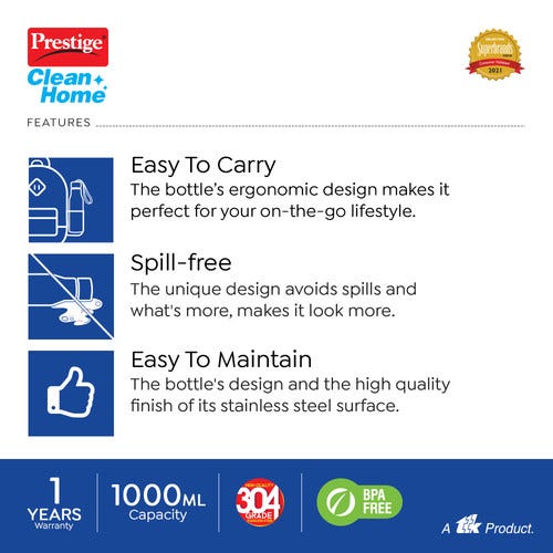 Prestige PDWBC 02 Stainless Steel Water Bottle, 1L (Assorted) - Pack of 1
