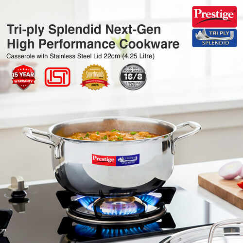 Prestige 22cm/4.25L Tri-Ply Stainless Steel Splendid Casserole| Gas and Induction Compatible |Even Heat Distribution| Thick Gauge Tri-Ply Body| Perma Cool Handles|15 Year Warranty