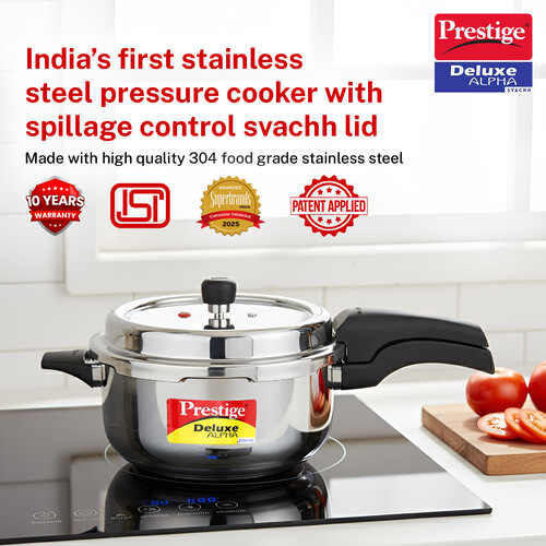 Prestige 5 Litre Stainless Steel Deluxe Alpha Svachh Outer Lid Deep Pressure Pan Cooker | 10Y Warranty | Deep Lid for Spillage Control | TRIPLY Base | GRS | Gas & Induction Compatible | ISI