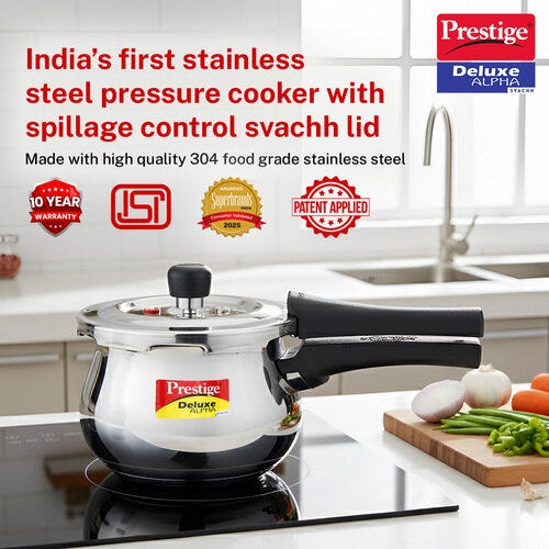 Prestige Deluxe Alpha Svachh Stainless Steel Spillage Control Baby Handi Pressure Cooker, 2 L (Silver)
