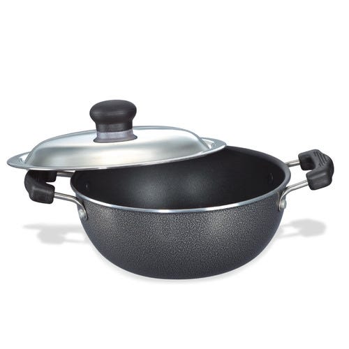 Prestige Omega Select Plus Aluminium Flat Base Non-Stick Coating Kadai with SS Lid, (Black)