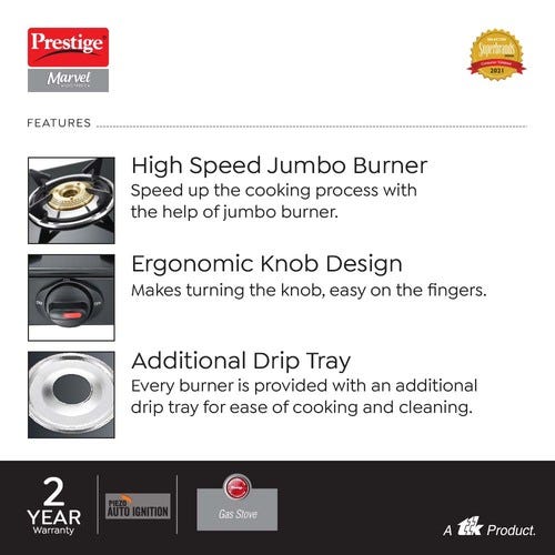 Prestige Marvel Glass Top Gas Stove (2 Burners) with Auto Ignition | Trip-pin Burners | Additional Drip Tray