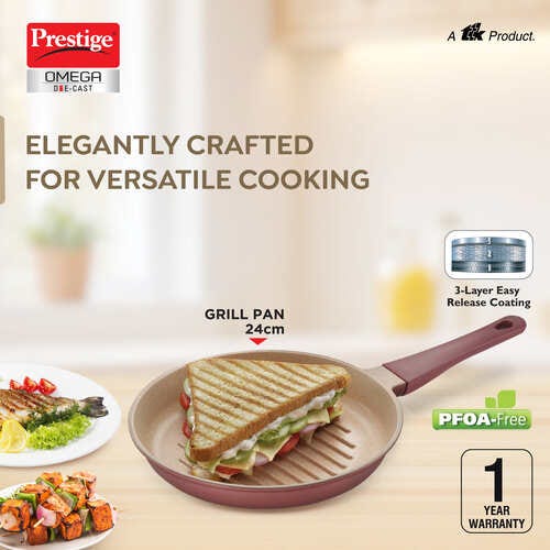 Prestige Omega Die-Cast Non-Stick Grill Pan | 3-Layer Coating | Die-Cast Body | Metal Spoon Friendly | Heavy Base