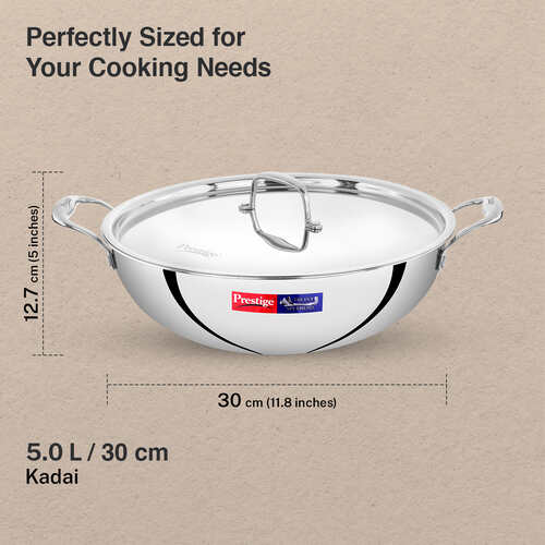 Prestige 30cm/5.0L Tri-Ply Stainless Steel Splendid Kadai with Lid|Gas and Induction Compatible|Even Heat Distribution| Thick Gauge Tri-Ply Body| Perma Cool Handles|15 Year Warranty