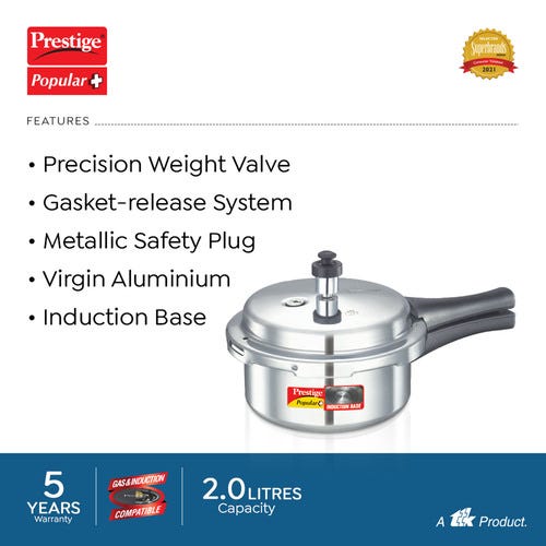 Prestige Popular Plus Virgin Aluminium Gas and Induction Compatible Pressure Cooker, 2 L (Silver)