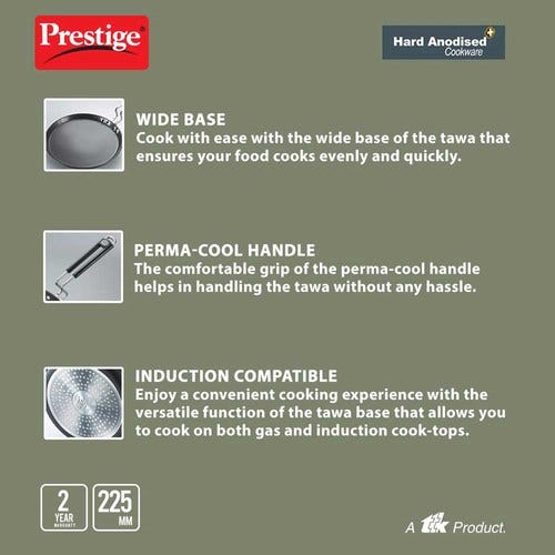 Prestige Hard Anodised Plus Roti Tawa (Black) | Gas and Induction Compatible | Thick Body | Perma Cool Handle
