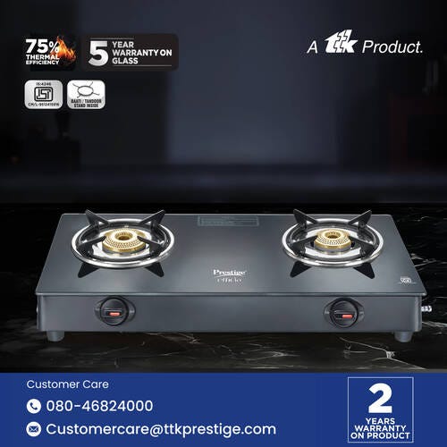 Prestige Efficia LP Gas Stove with Powder-Coated Body, Glass Top & 2 Brass Burners