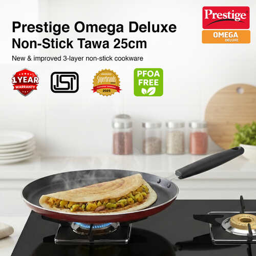 Prestige Omega Deluxe Aluminium Induction Base Non-Stick Omni Tawa, (Red)