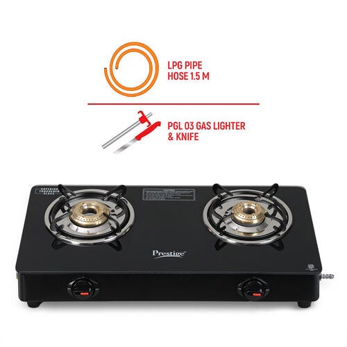 PRESTIGE ATLAS PLUS LP GAS STOVE 1 U GTA-02+ (WITH POWDER COATED BODY, GLASS TOP AND 2 U BRASS BURNERS) & L. P. GAS HOSE (WITH STEEL WIRE RE-INFORCED-1.5m)1 U & GAS LIGHTER PGL 03 1 U & KNIFE 1 U FREE