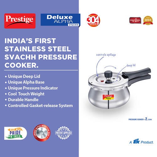 Prestige Deluxe Alpha Svachh Stainless Steel Spillage Control Handi Pressure Cooker (Silver)