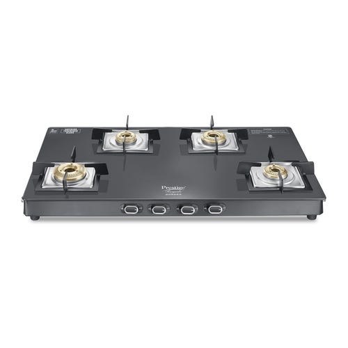 Prestige Royale Quadra 4 Burner Glasstop Glass Stove|Superior Toughened Glass with 5-Year Warranty| 3-Way Nozzle Design|Tri-Pin Jumbo Burner |Uniquely Designed Pan Support |Elegantly Designed Knobs
