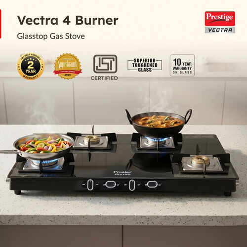Prestige Vectra 4 Burner Glasstop Gas Stove|Superior Toughened Glass|Jumbo Brass Burner|3-Way Gas Inlet|360 Degree Revolving Nozzle|10 Years Warranty on Glass|Black
