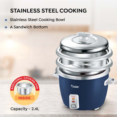 Prestige Cute 1.0-2 SS 400W Electric Rice Cooker|Stainless Steel Cooking Pan 2U|Can Cook|Cool Touch Handles|Blue and Silver|1 Year Warranty On Product And 5 Years Warranty On Heating Plate