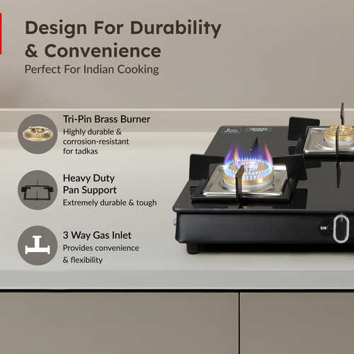 Prestige Royale Quadra 4 Burner Glasstop Glass Stove|Superior Toughened Glass with 5-Year Warranty| 3-Way Nozzle Design|Tri-Pin Jumbo Burner |Uniquely Designed Pan Support |Elegantly Designed Knobs