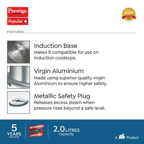 Prestige Popular Plus Virgin Aluminium Induction Base Pressure Cooker, (Silver)