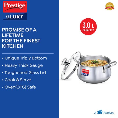 Prestige Glory Stainless Steel Cookware Handi With Glass Lid