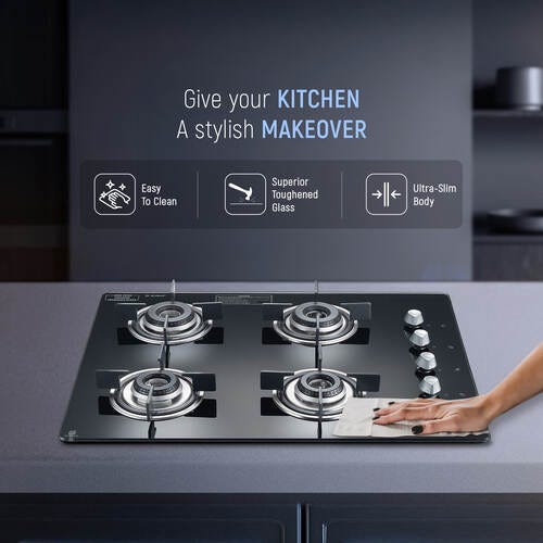 Prestige Marvella 4 Burner Hob | Auto Ignition | Toughened Glass Top | SABAF Burners | Sturdy Pan Support | Ultra Slim Body | Ergonomic Knob | Black | 5Y Glass Warranty